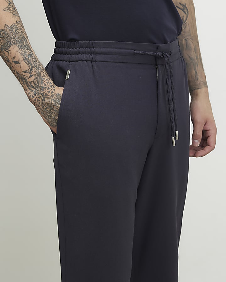 Navy Slim Fit Jogger Style Smart Trousers