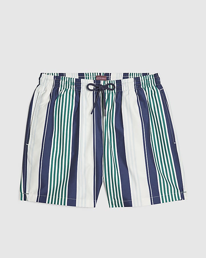 Navy Regular Length Stripe Swim Shorts