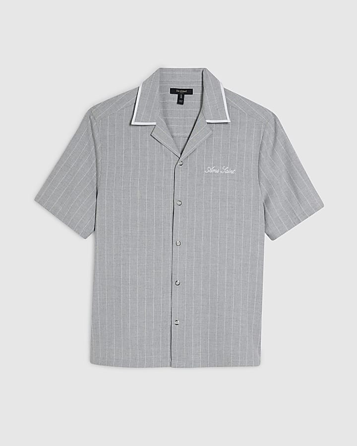 Grey Regular Fit Pinstripe Revere Shirt