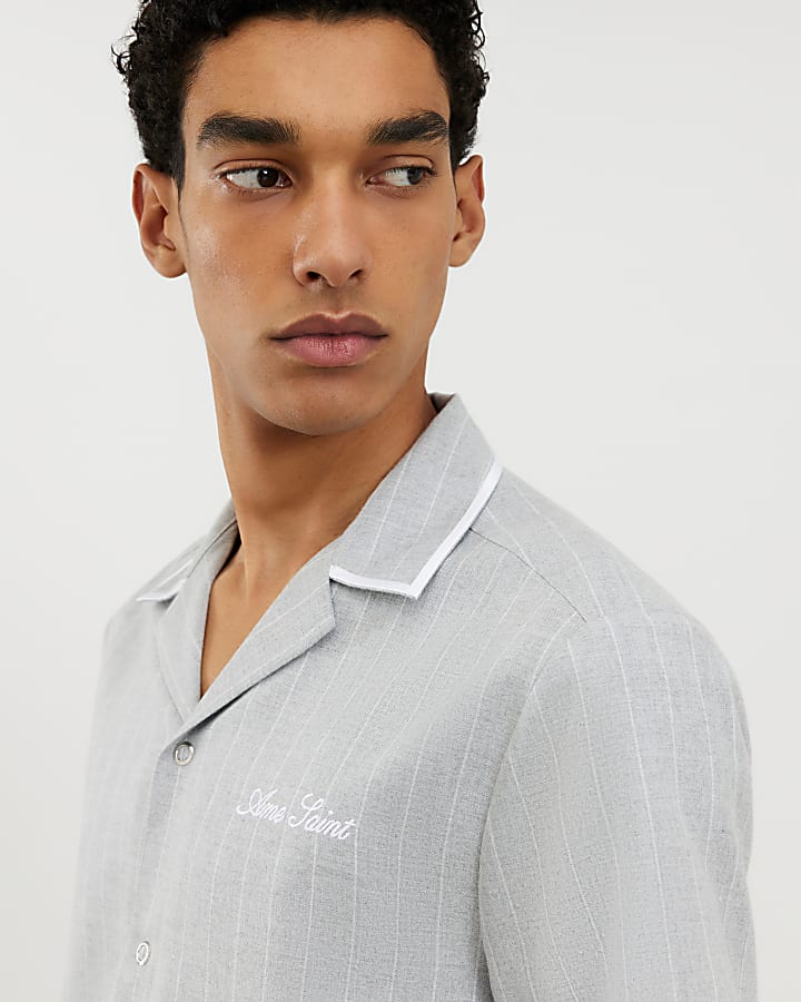 Grey Piped Pinstripe Revere Shirt