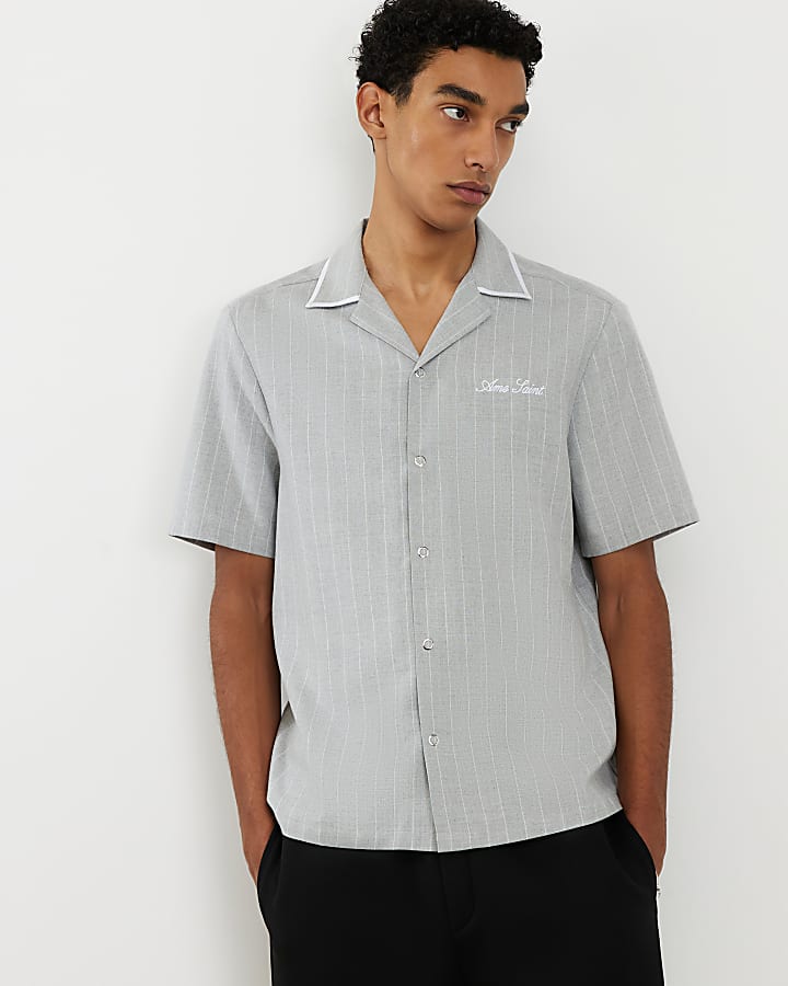 Grey Piped Pinstripe Revere Shirt