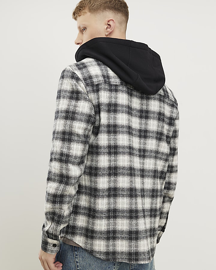 White Regular Fit Check Hooded Shirt