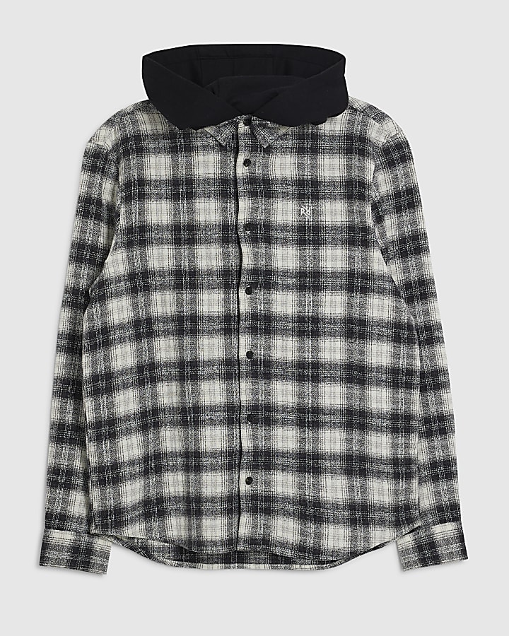 White Regular Fit Check Hooded Shirt