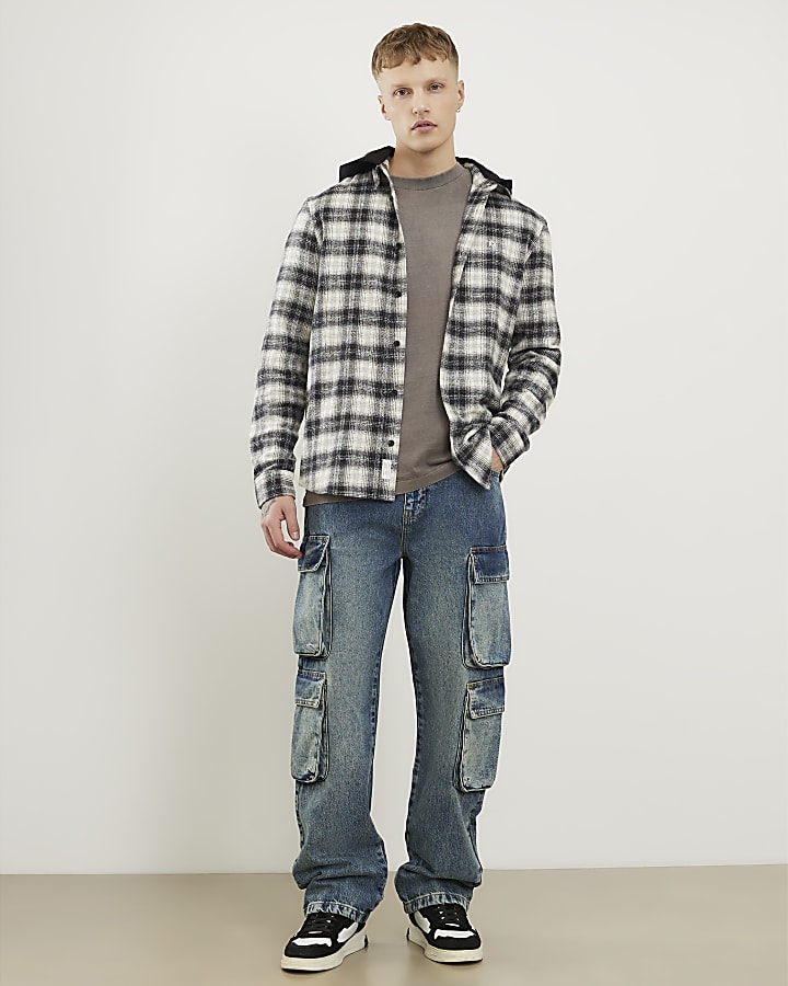 White Regular Fit Check Hooded Shirt