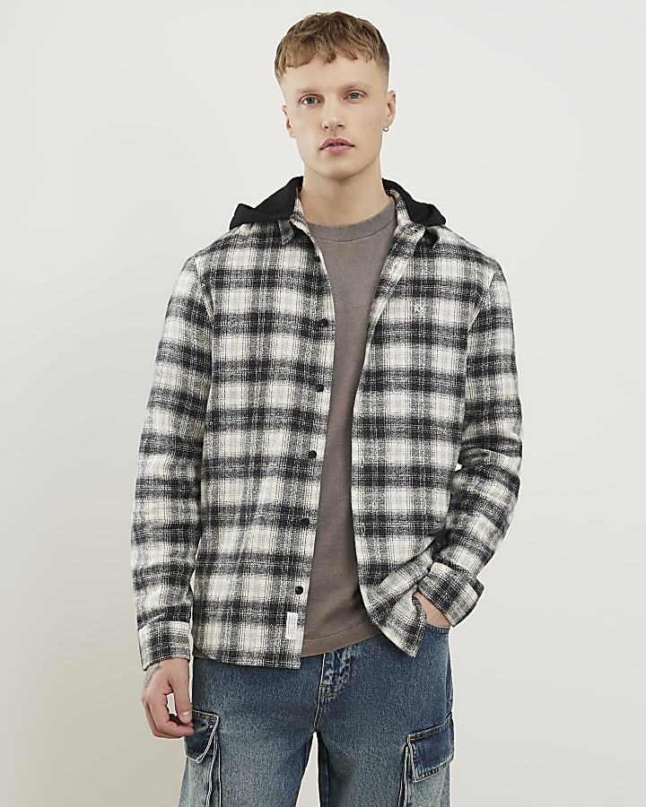 White Regular Fit Check Hooded Shirt