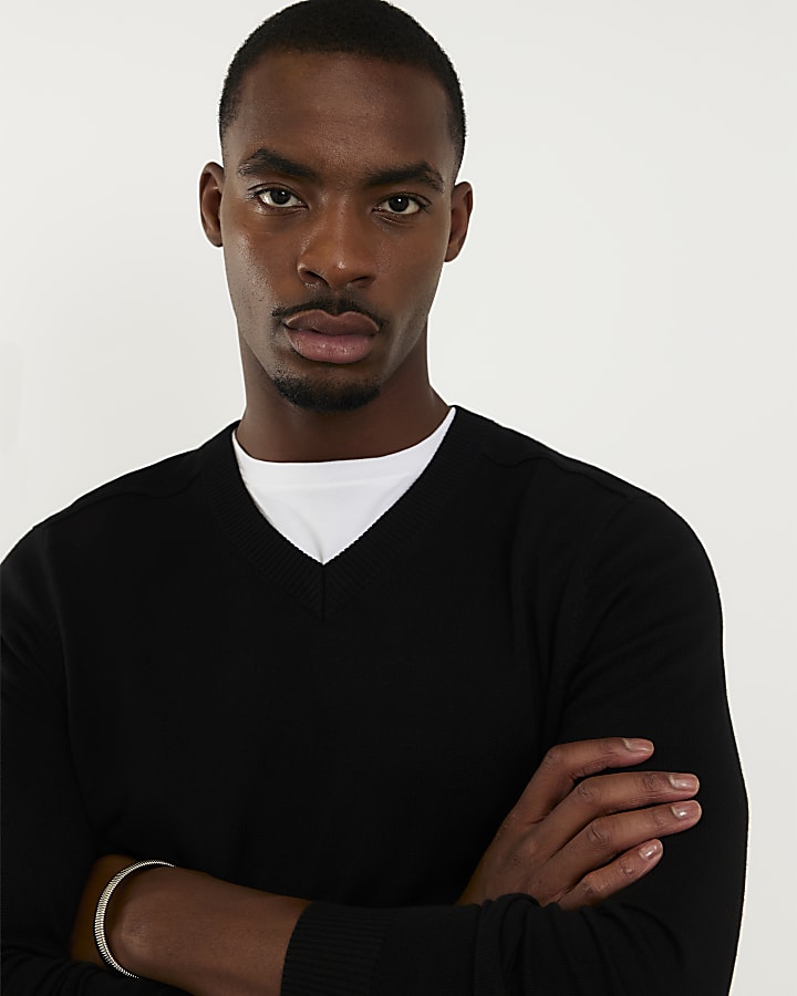 Black Slim Fit V Neck Knitted Jumper