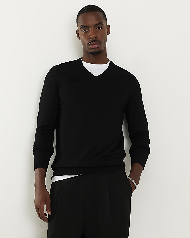 Black Slim Fit V Neck Knitted Jumper