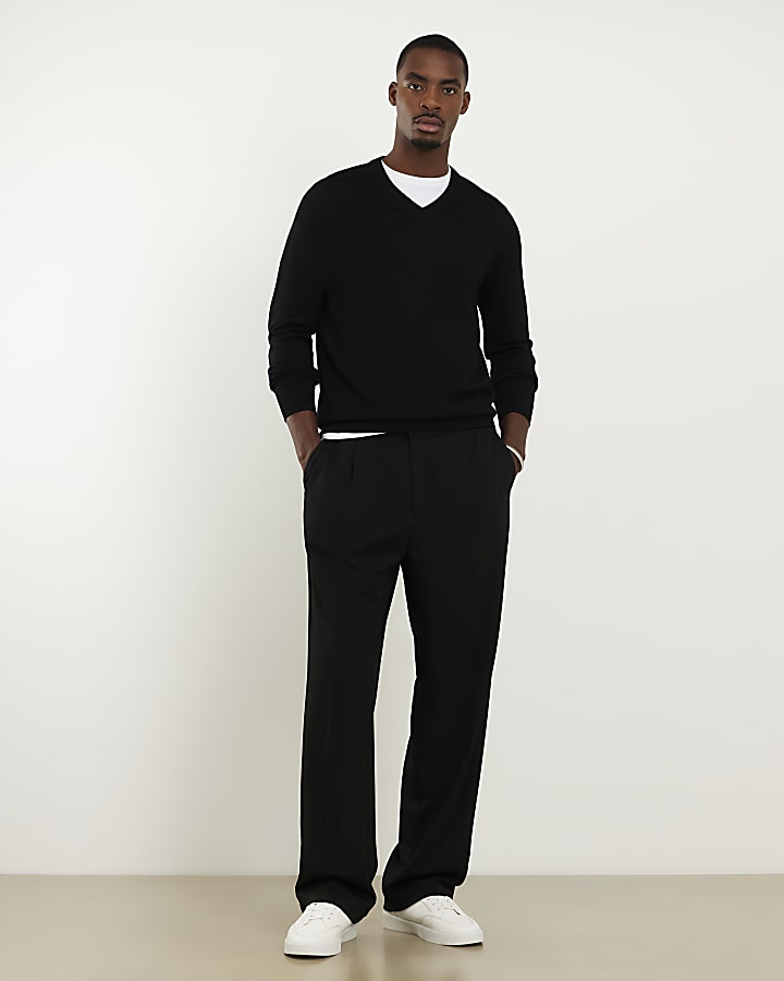 Black Slim Fit V Neck Knitted Jumper
