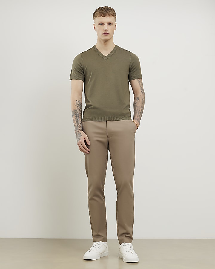 Khaki Slim Fit V Neck Knitted T-Shirt
