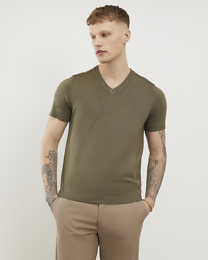 Khaki Slim Fit V Neck Knitted T-Shirt