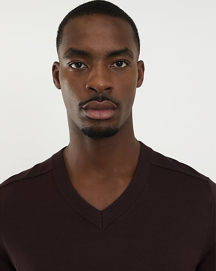 Red Slim Fit V Neck Knitted Jumper