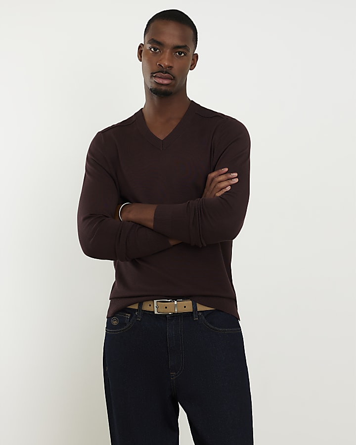 Red Slim Fit V Neck Knitted Jumper