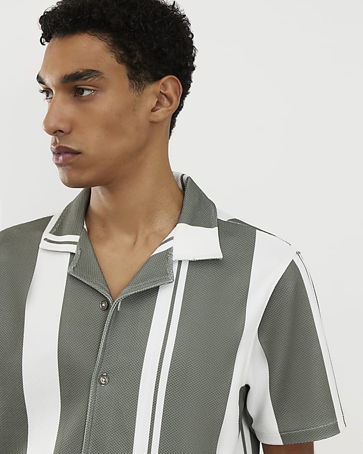 Green Stripe Revere Collar Shirt