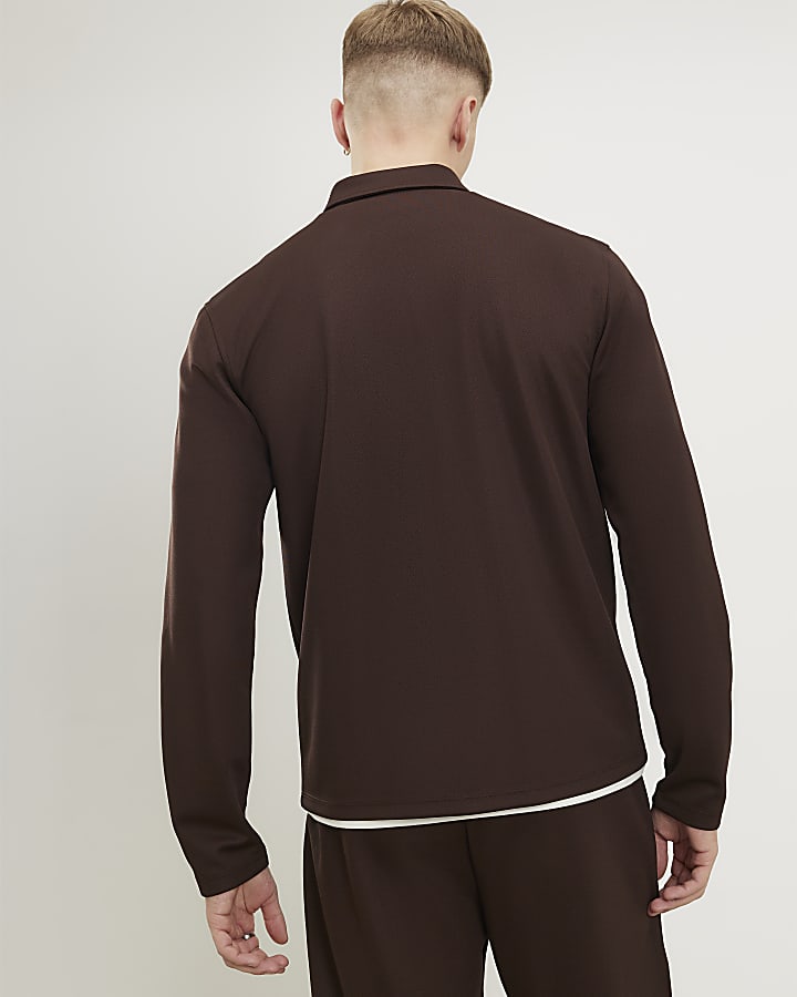 Brown Slim Fit Pique Zip Through Hoodie