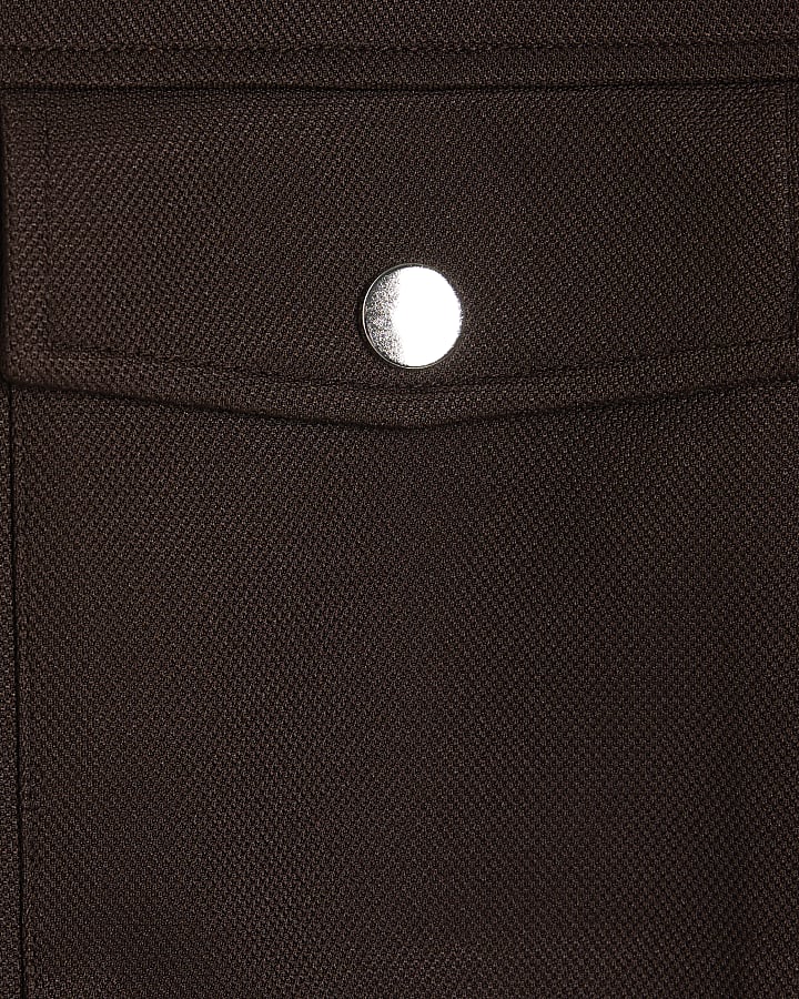 Brown Slim Fit Pique Zip Through Shacket