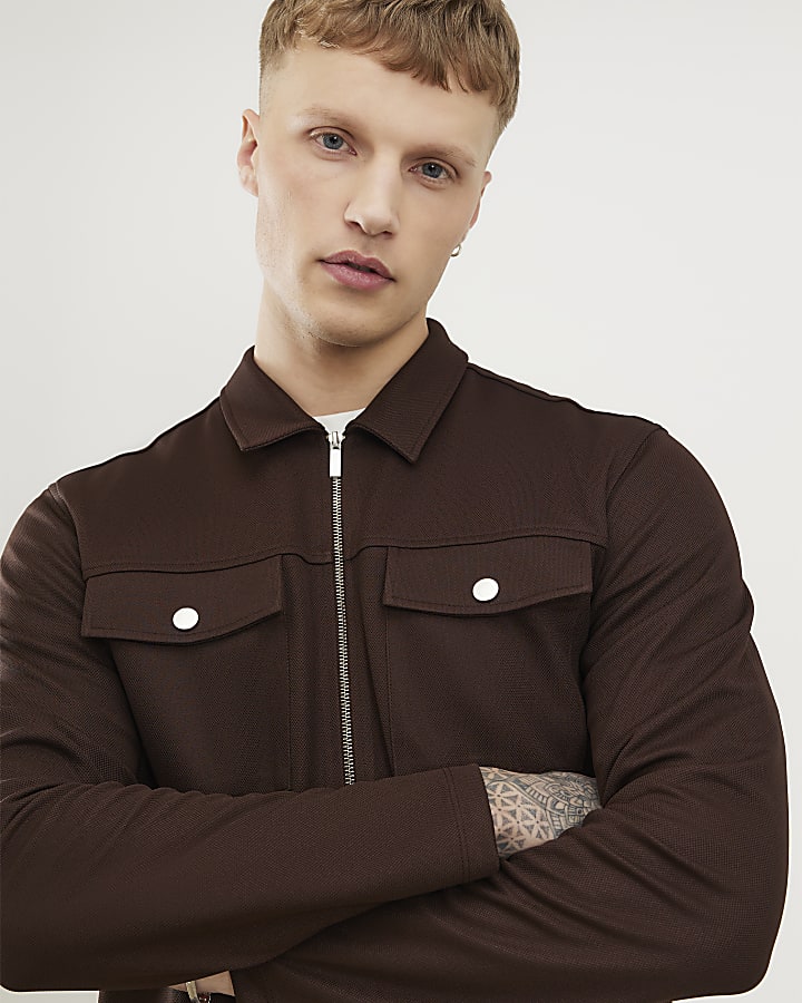 Brown Slim Fit Pique Zip Through Hoodie