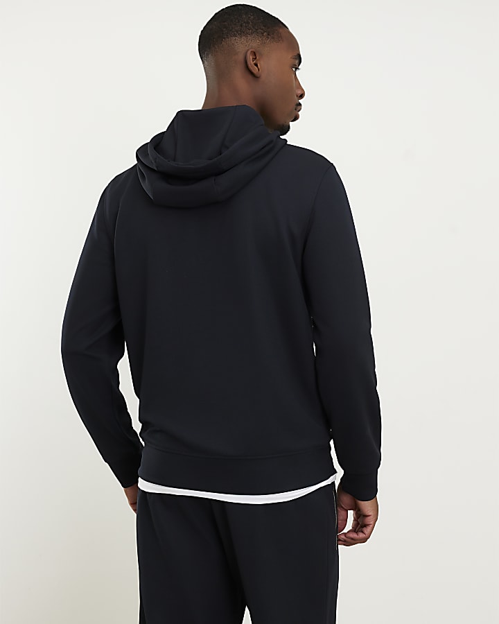 Navy Slim Fit Pique Zip Through Hoodie