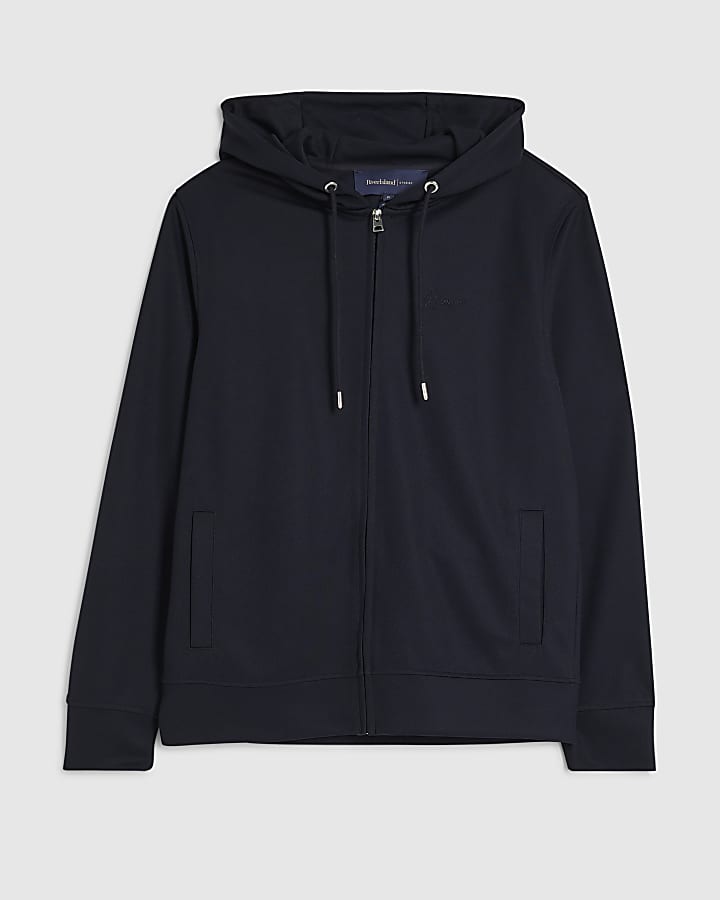 Navy Slim Fit Pique Zip Through Hoodie
