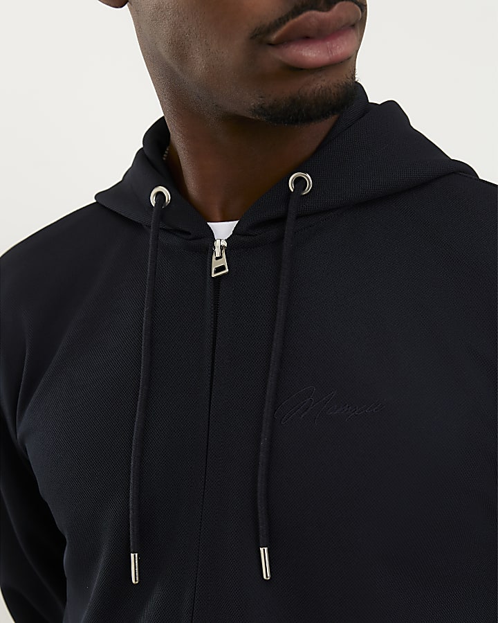 Navy Slim Fit Pique Zip Through Hoodie
