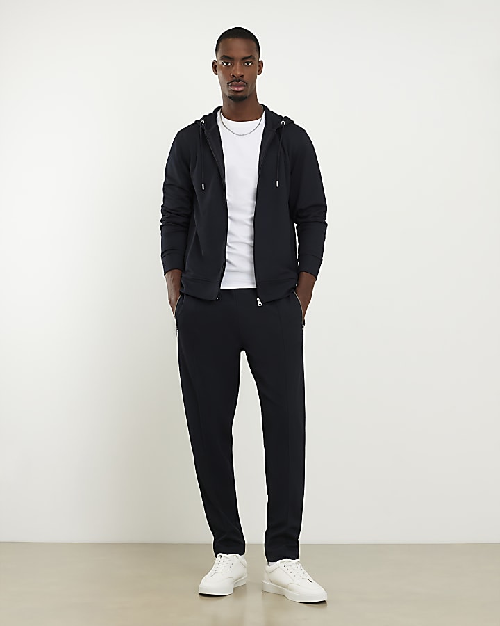 Navy Slim Fit Pique Zip Through Hoodie