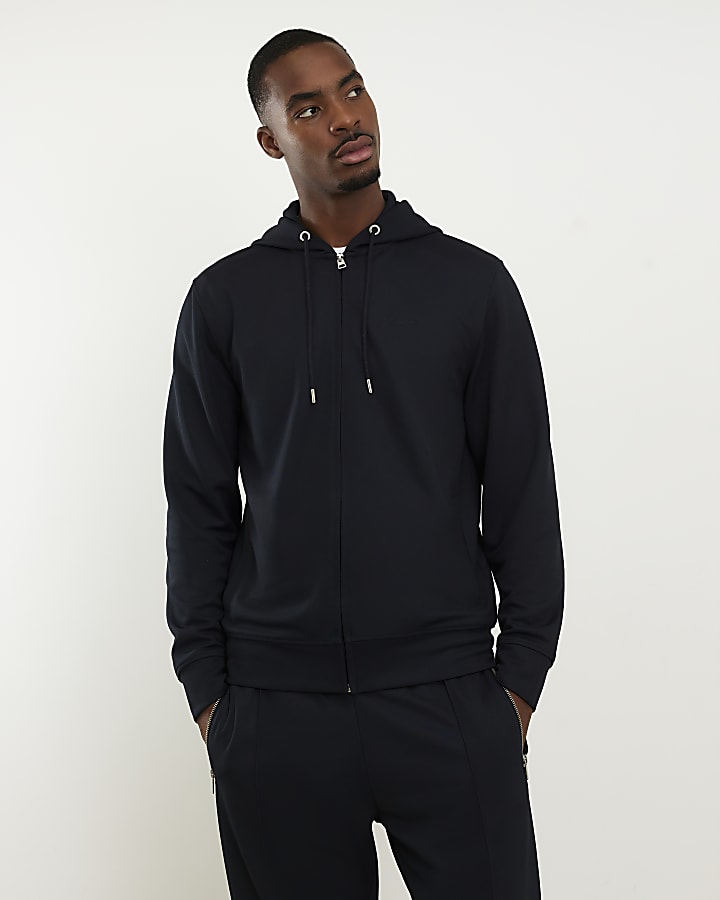 Navy Slim Fit Pique Zip Through Hoodie