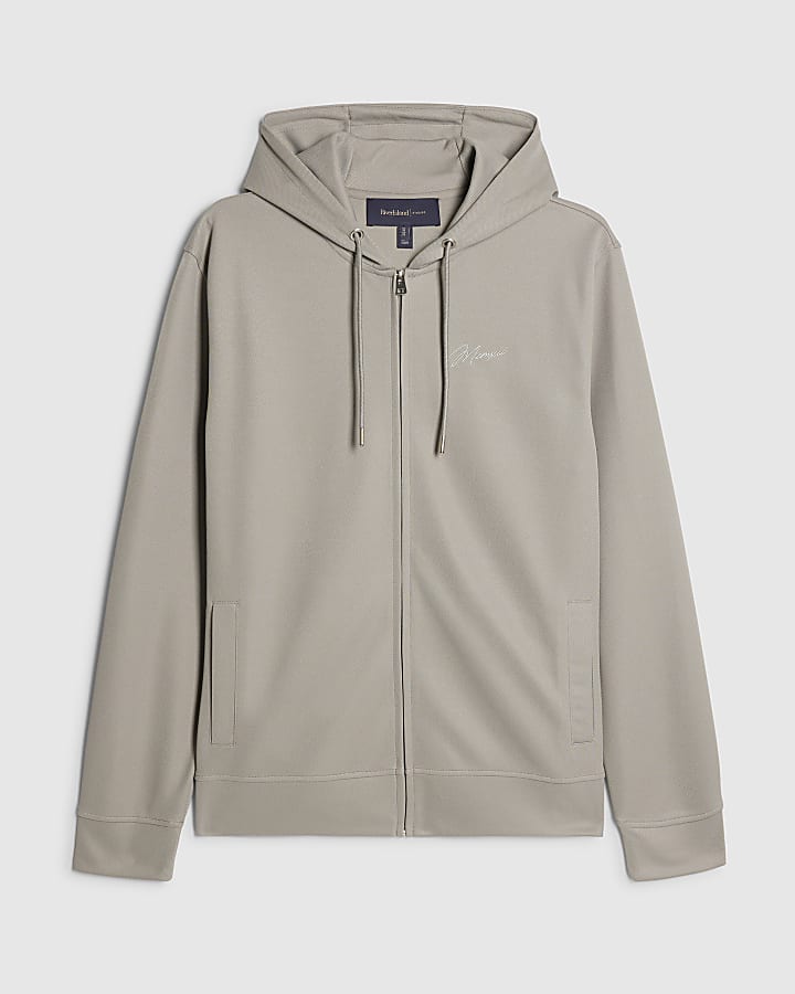 Grey Slim Fit Pique Zip Through Hoodie
