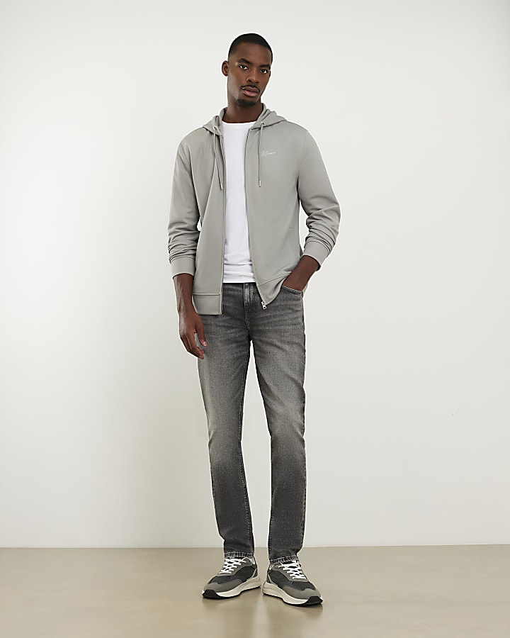 Grey Slim Fit Pique Zip Through Hoodie