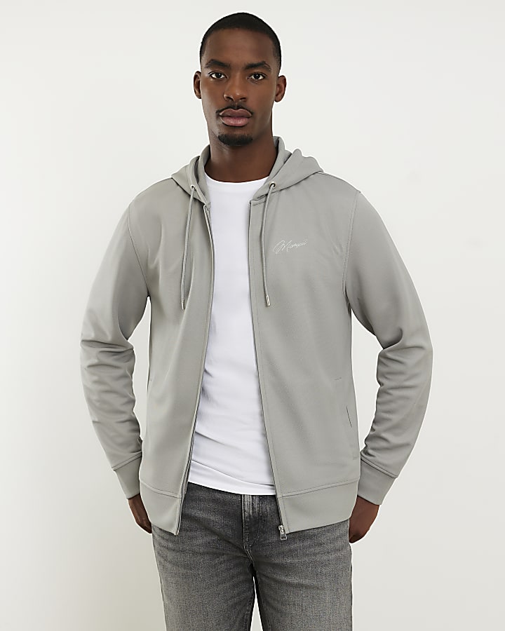 Grey Slim Fit Pique Zip Through Hoodie