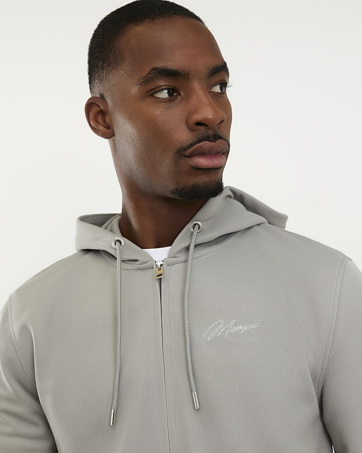 Grey Slim Fit Pique Zip Through Hoodie