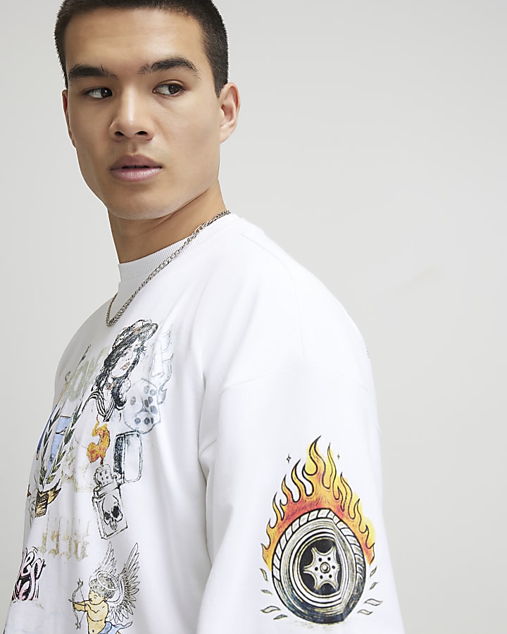 White Oversized Fit Tattoo Graphic T-Shirt