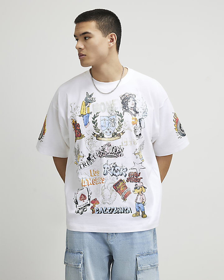 White Oversized Fit Tattoo Graphic T-Shirt