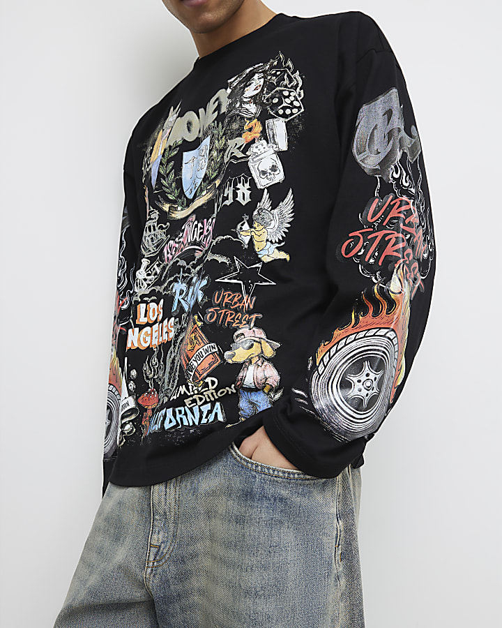 Black Oversized Tattoo Graphic T-Shirt