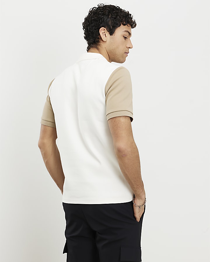 Beige Slim Fit Colour Blocked Polo Shirt