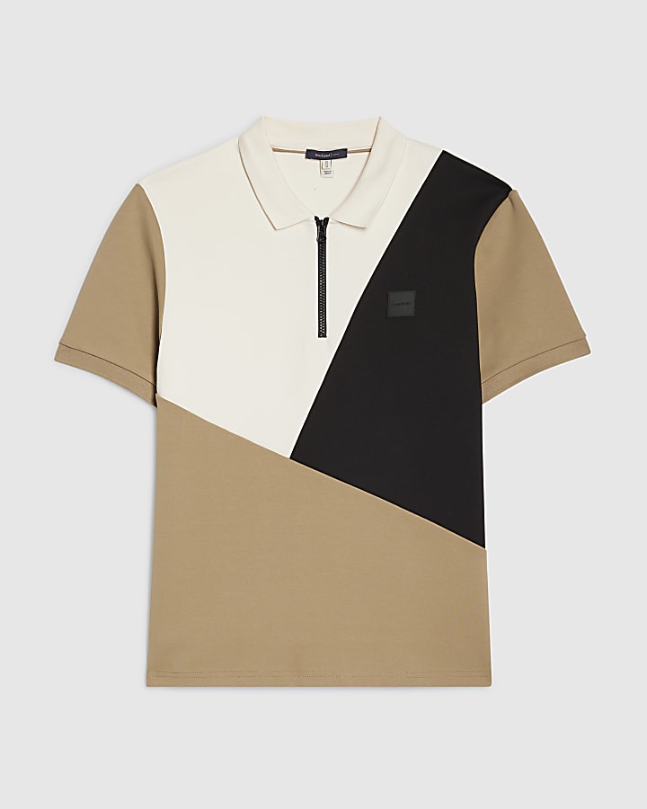 Beige Slim Fit Colour Blocked Polo Shirt