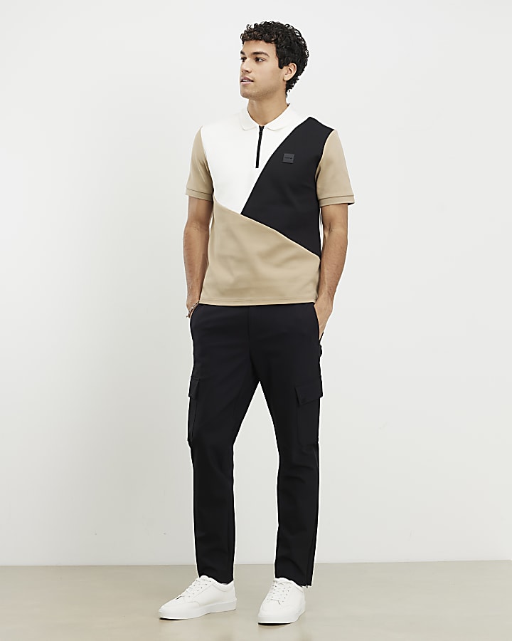 Beige Slim Fit Colour Blocked Polo Shirt