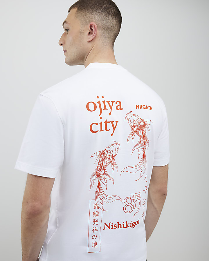 White Regular Fit Japanese Fish T-Shirt