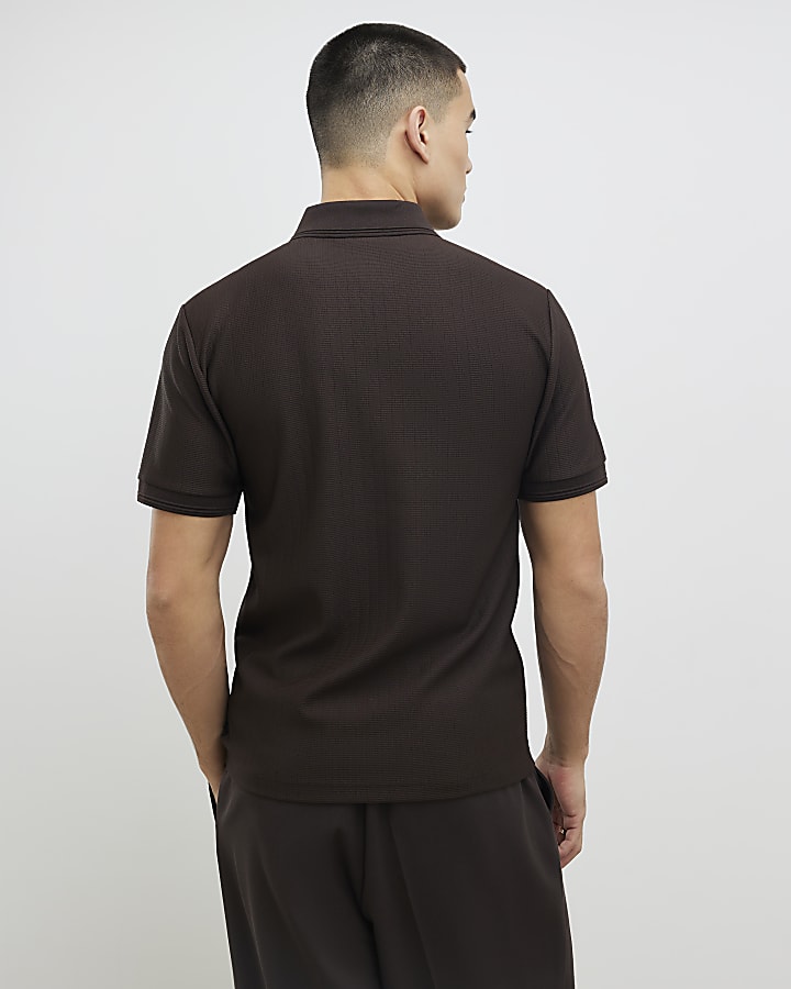 Brown Muscle Fit Textured Polo Shirt