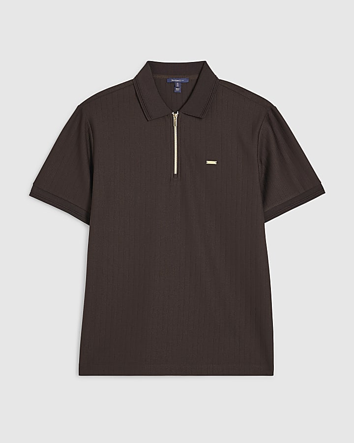 Brown Muscle Fit Textured Polo Shirt