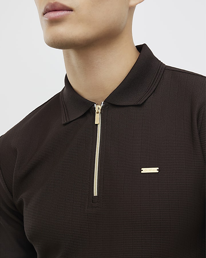 Brown Muscle Fit Textured Polo Shirt