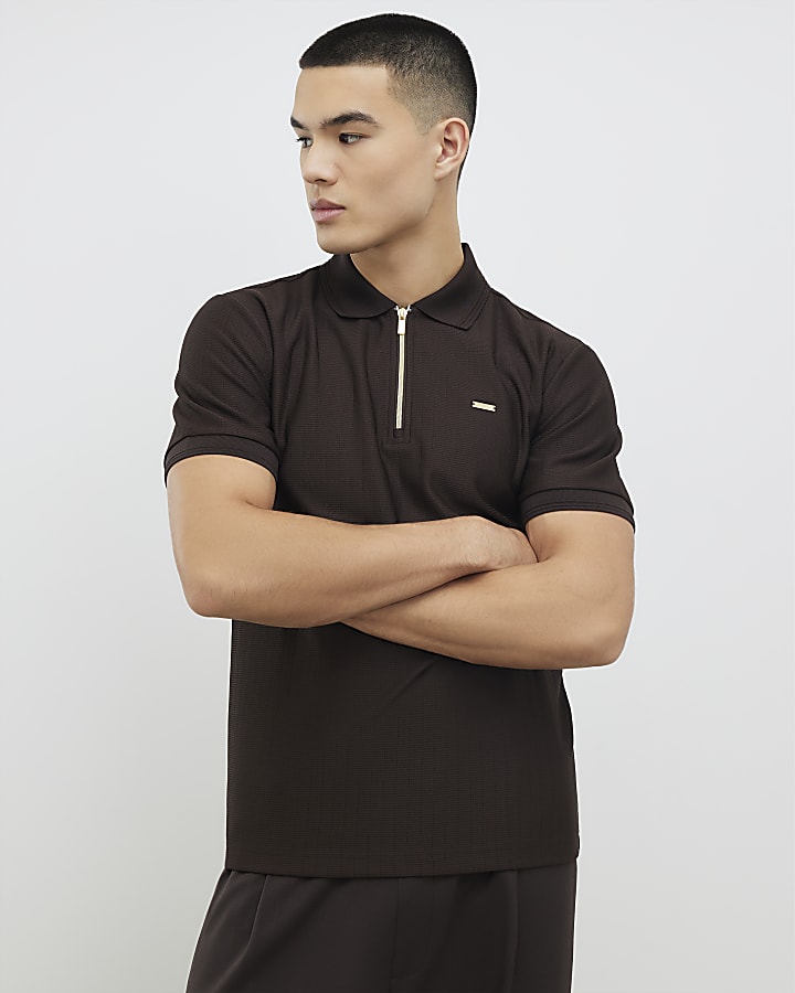 Brown Muscle Fit Textured Polo Shirt