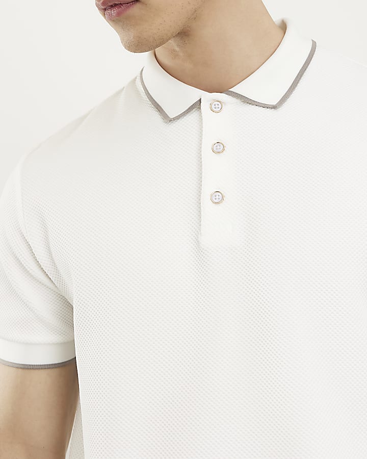 White Slim Fit Textured Polo Shirt