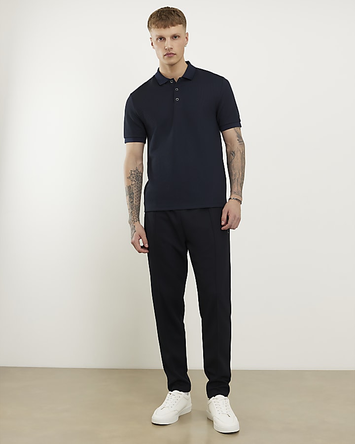 Navy Slim Fit Textured Polo Shirt