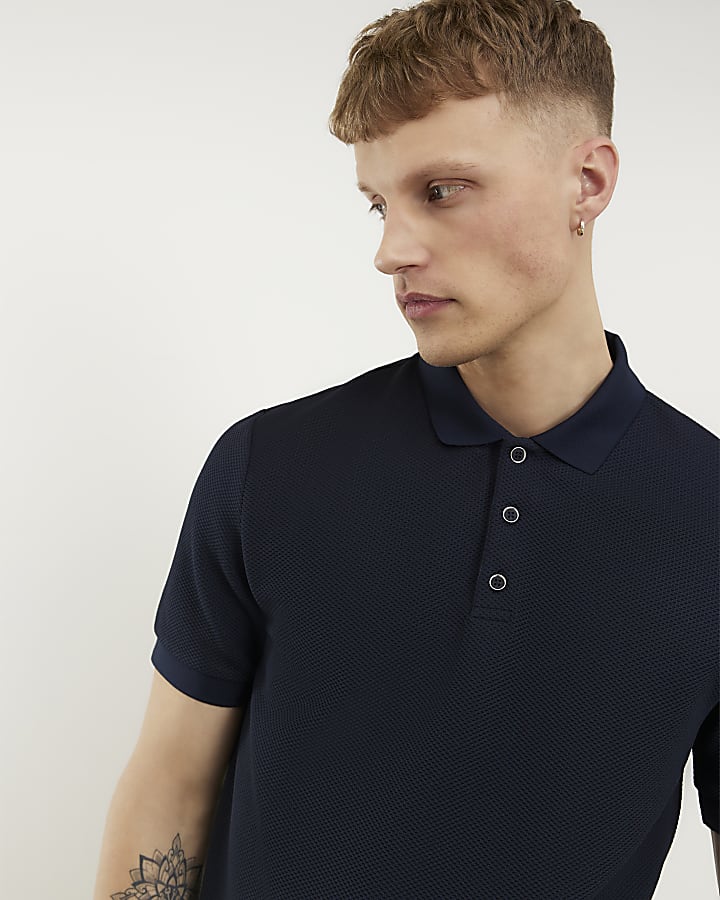 Navy Slim Fit Textured Polo Shirt