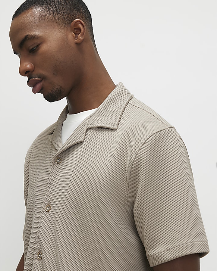 Beige Slim Fit Revere Shirt