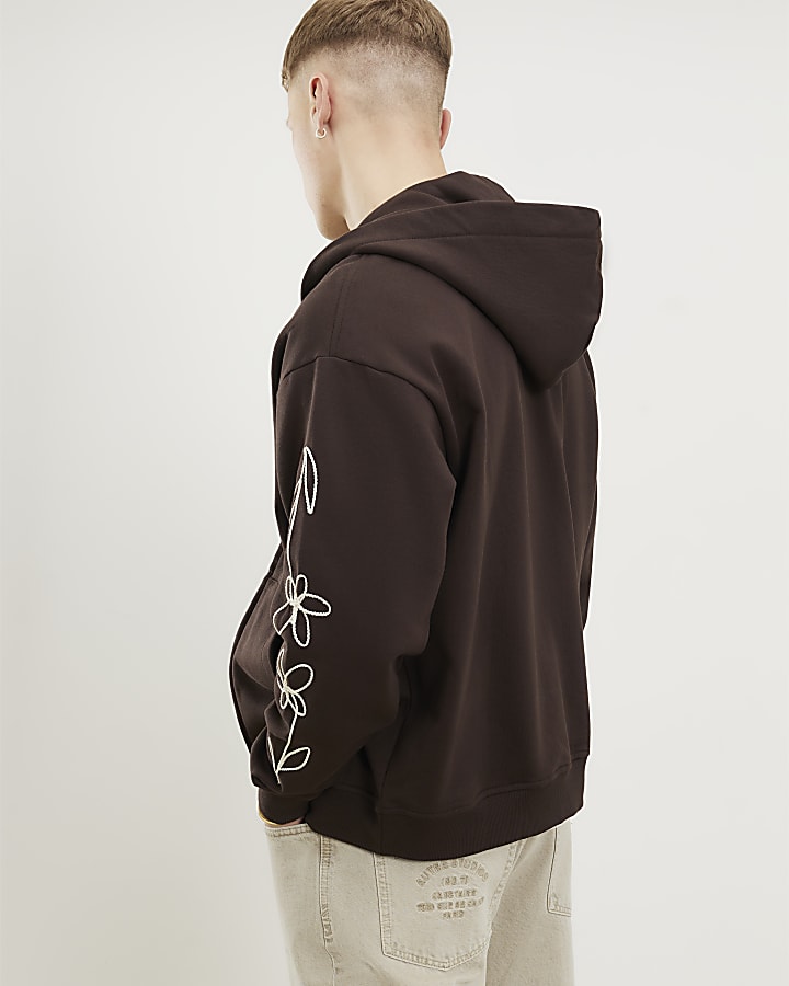 Brown Oversized Zip Up Embroidered Hoodie