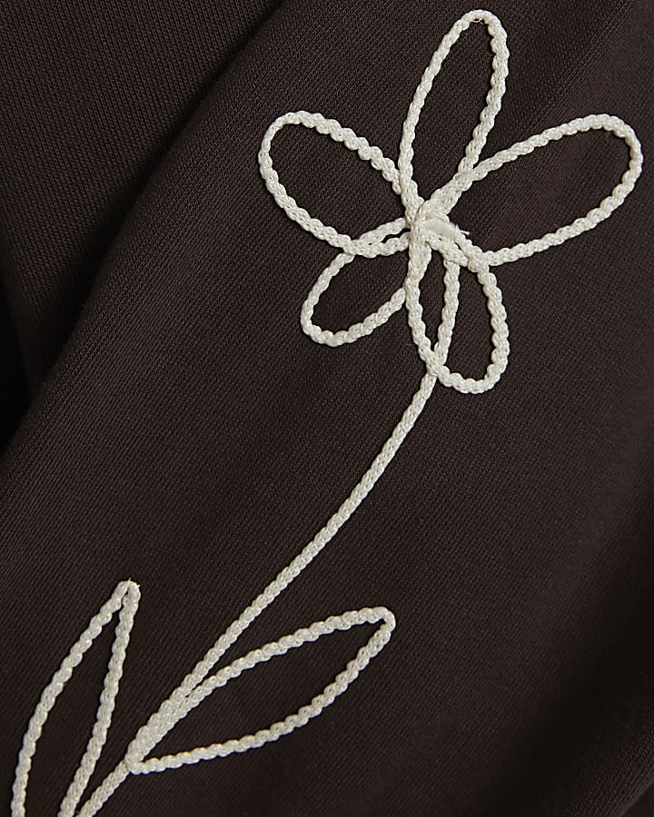 Brown Oversized Zip Up Embroidered Hoodie