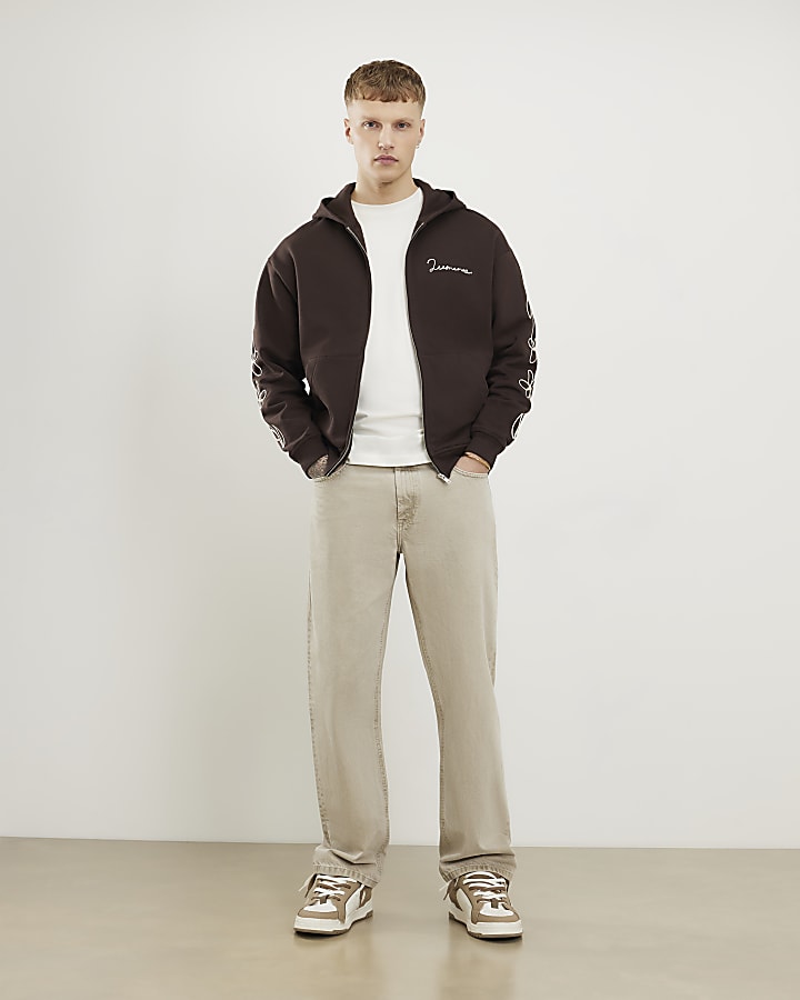 Brown Oversized Zip Up Embroidered Hoodie