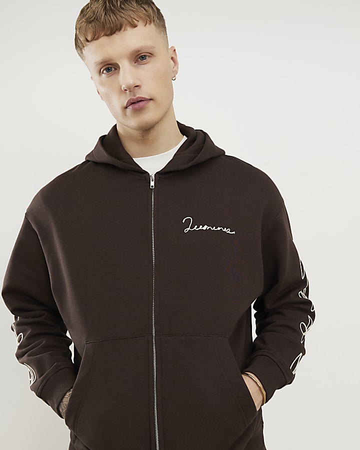 Brown Oversized Zip Up Embroidered Hoodie