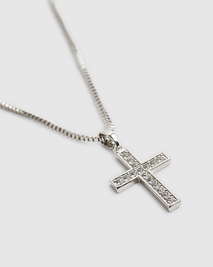 Silver Diamond Simulant Cross Necklace