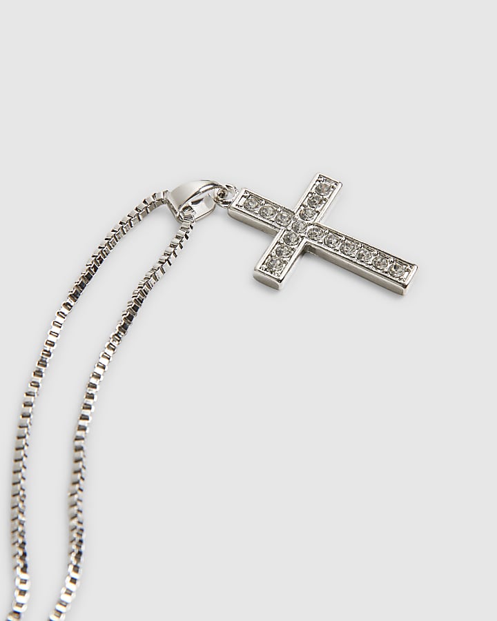 Silver Diamond Simulant Cross Necklace